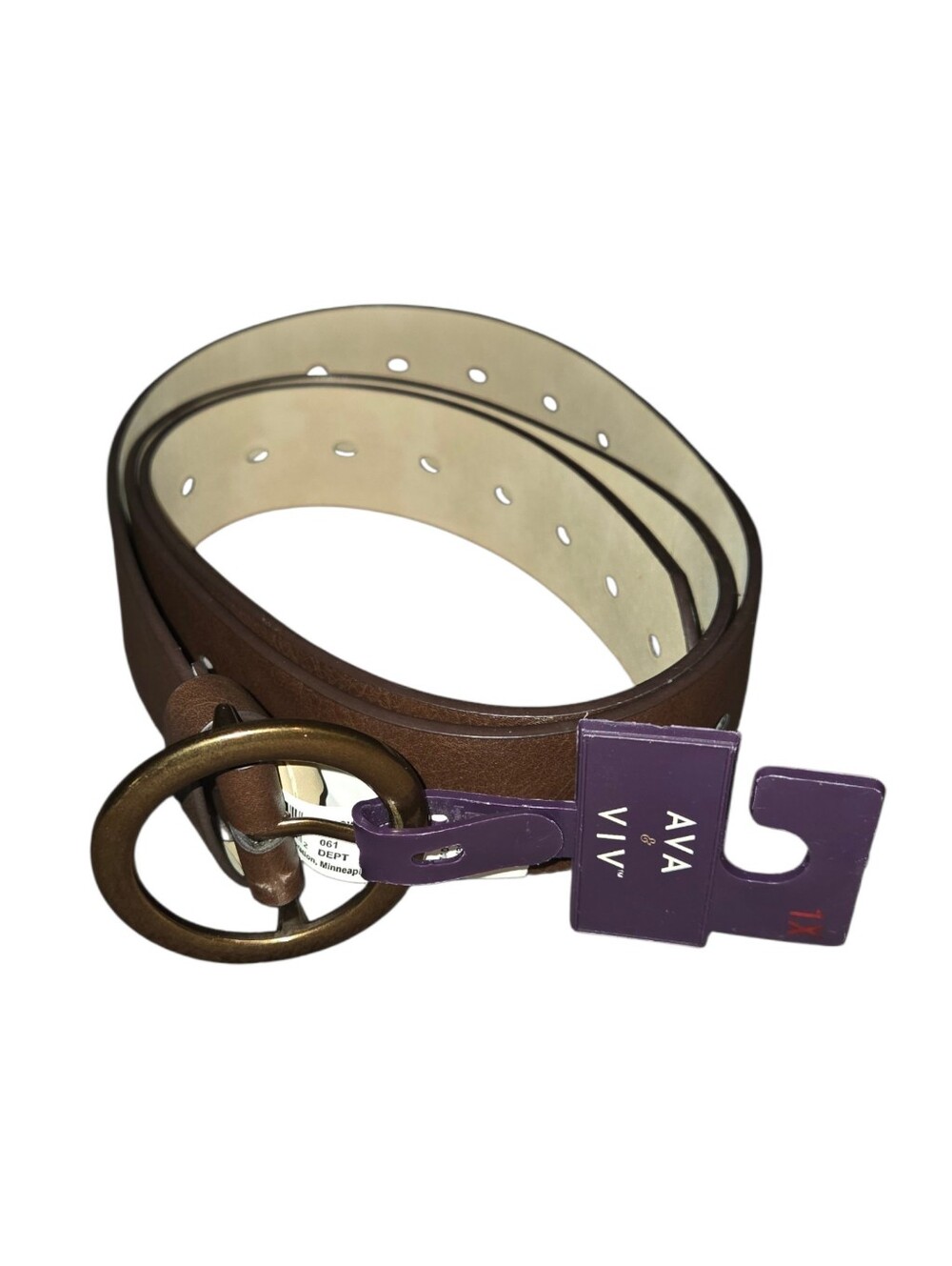 NWT AVA & VIV Brown Leather Belt with Round Brass-Tone Ring Buckle